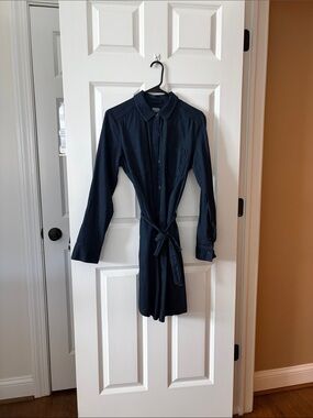 a new day Navy Long-Sleeve Shirt Dress with Waist Tie
